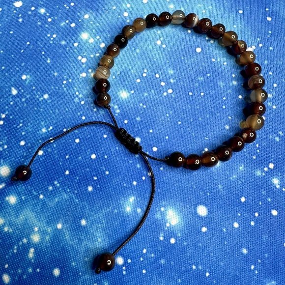 Unisex 6mm Dark Coffee Striped Agate Natural Stone Beaded Rope Bracelet NEW - Picture 6 of 7